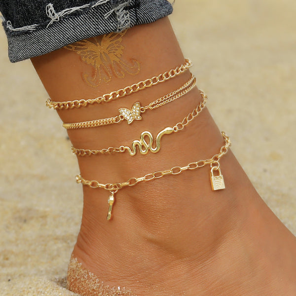 Bohemian Gold Chain Animal Anklet Set for Women