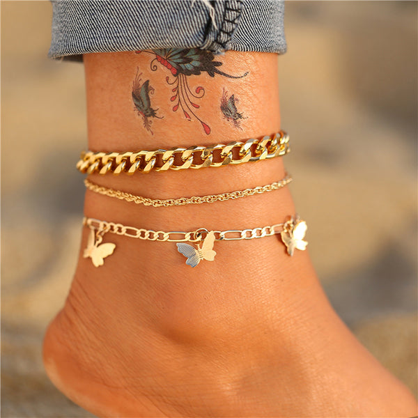 Bohemian Gold Butterfly Chain Anklets Set For Women