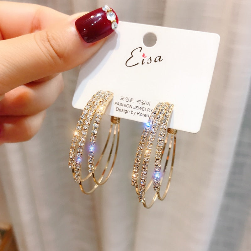 Exaggerated Rhinestone Shiny Circle Hoop Earrings