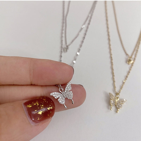 Silver Color  Flash Crystal Butterfly Double Necklace