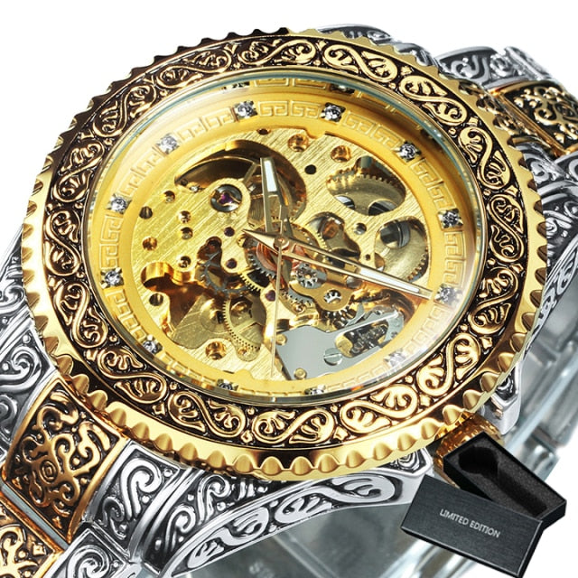 Gold Skeleton Mechanical Watch Vintage Royal  Engraved Auto Wrist Watches