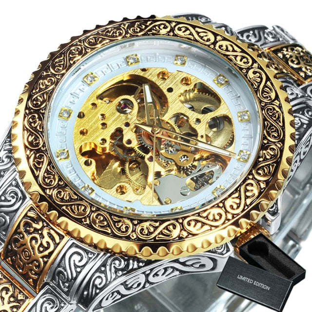 Gold Skeleton Mechanical Watch Vintage Royal  Engraved Auto Wrist Watches