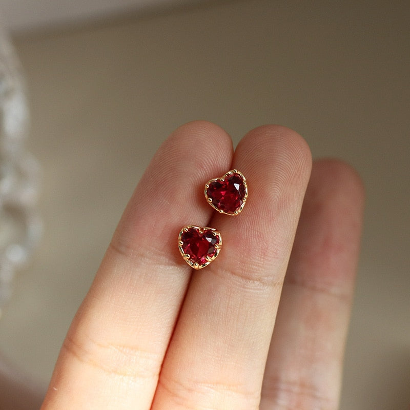 925 Sterling Silver Red Heart Stud Earrings For Women