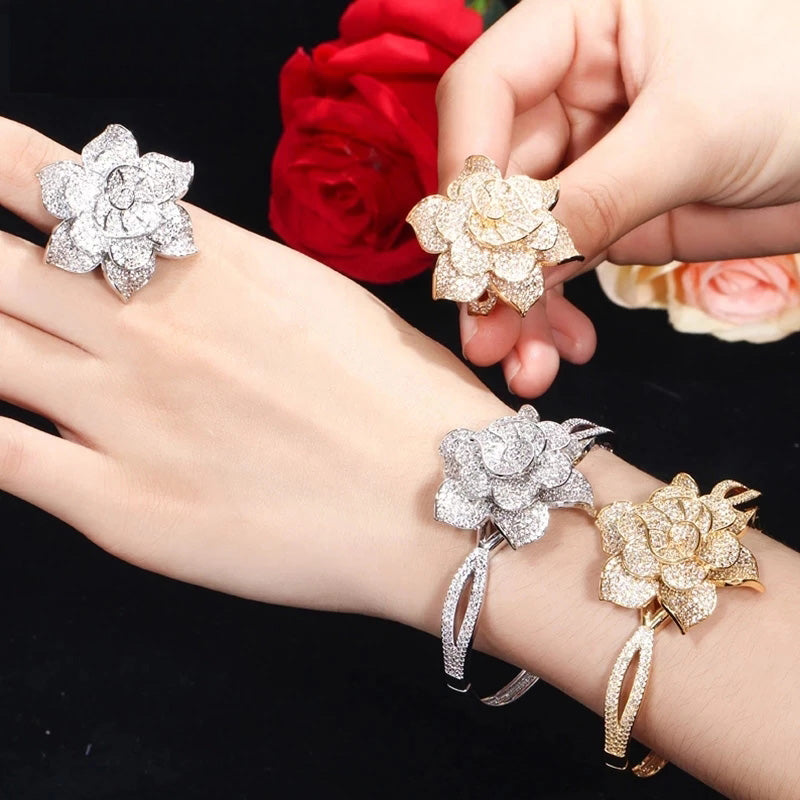 African AAA+ Cubic Zirconia Big Flower Shape Bangle Sets