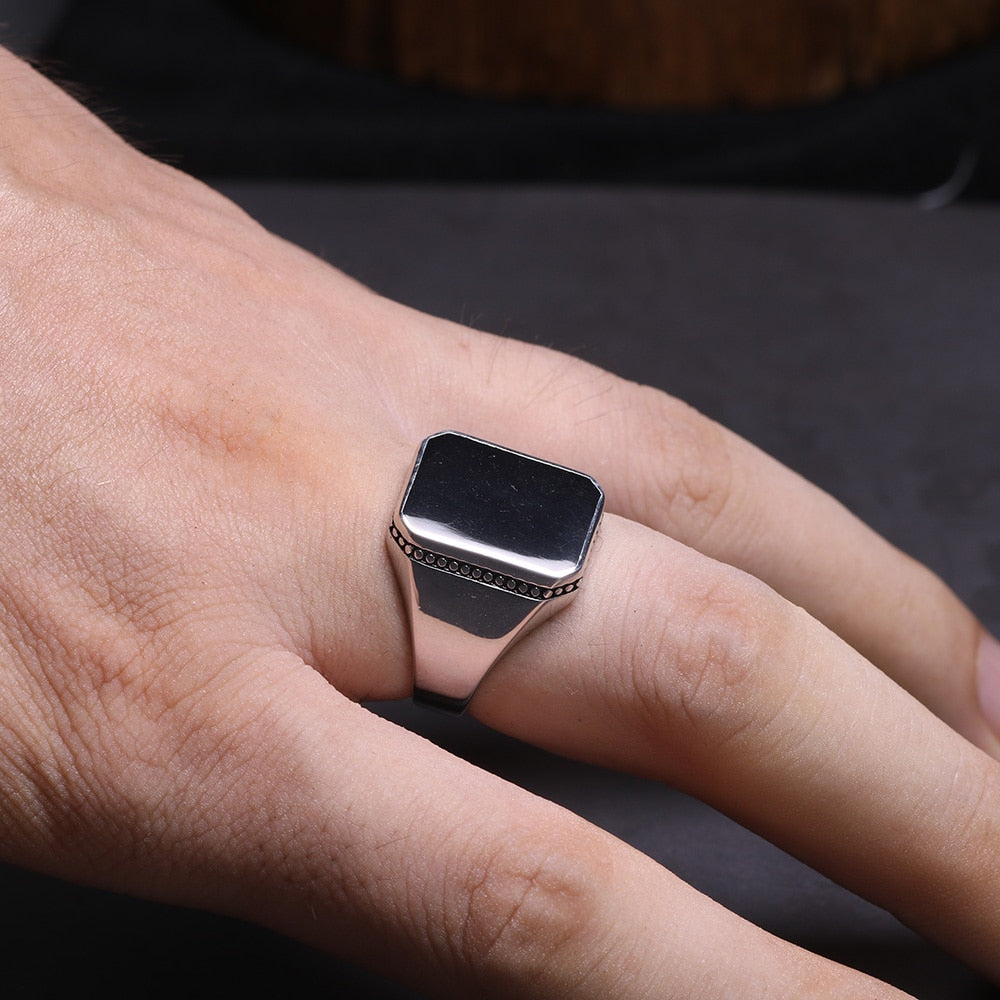 925 Sterling Silver Simple For Men With Black Square  Ring