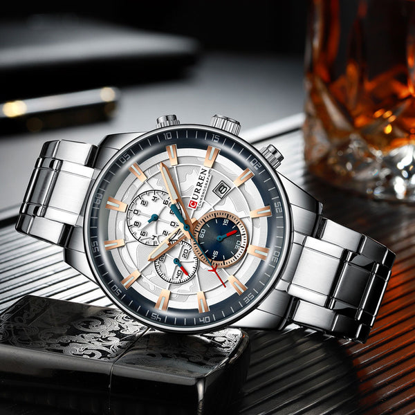 Fashion Stainless Steel  Luxury Casual Chronograph Quartz Wristwatch