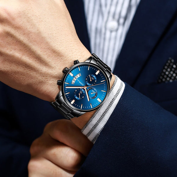 Blue Mens Watches  Luxury Men Sports Chronograph Quartz Watches