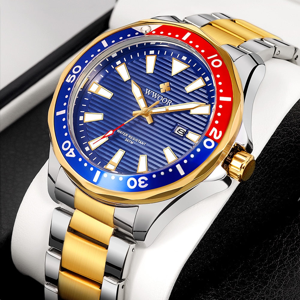 Gold Watch Mens Sports Diver Quartz 30ATM Waterproof Luminous Date Wristwatches