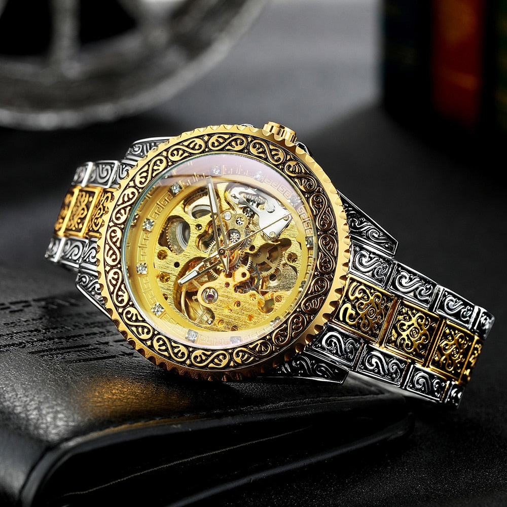 Gold Skeleton Mechanical Watch Vintage Royal  Engraved Auto Wrist Watches