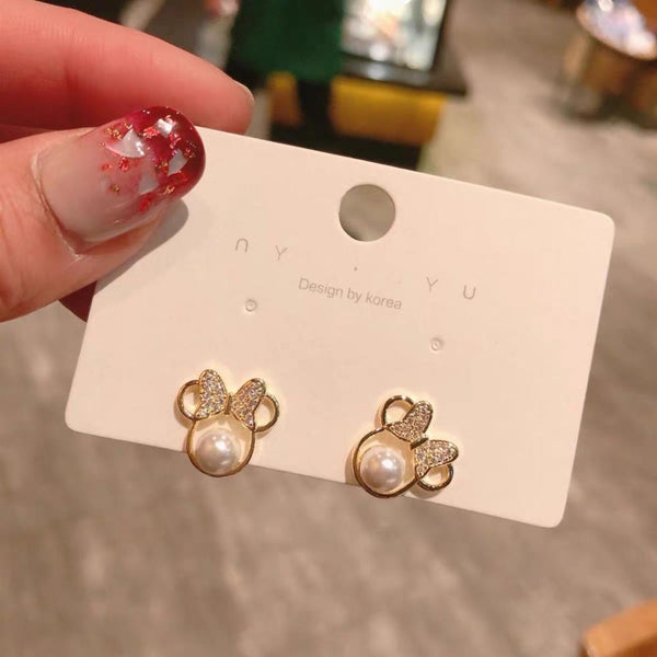 Korean Crystal Pearl Stud Earrings For Women Simple Bow Small Earring