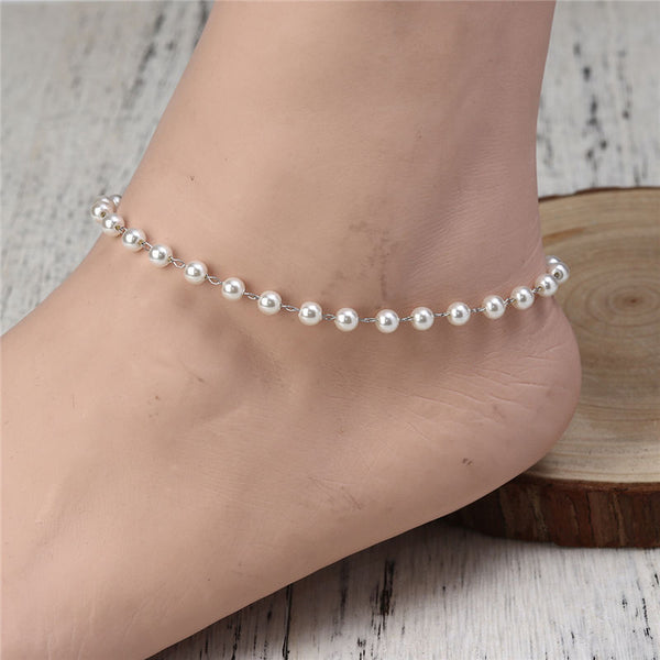 304 Stainless Steel  White Acrylic Imitation Pearl Anklets