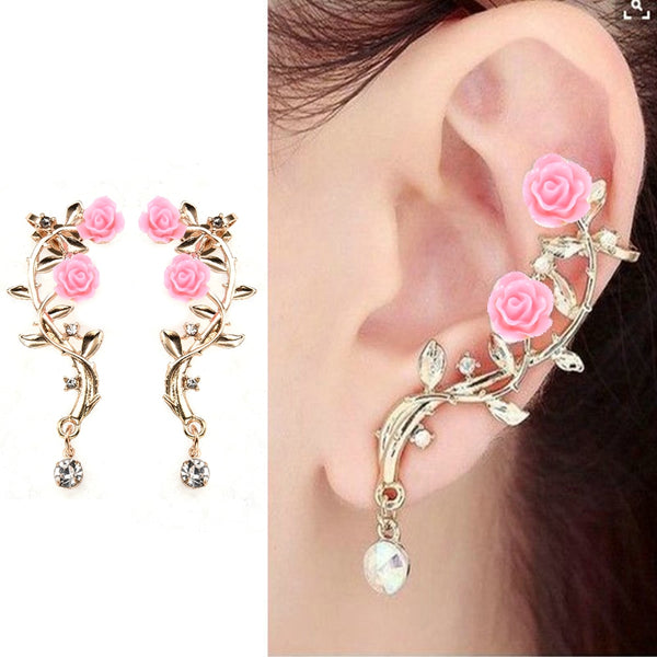 Fashion Rose Leaf Flower Ear Stud Cuff Earring