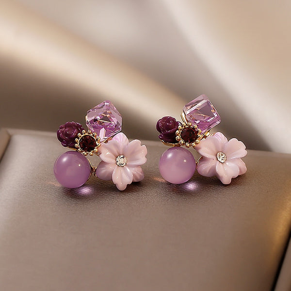 Noble Purple Crystal Flower Stud Earrings For Woman