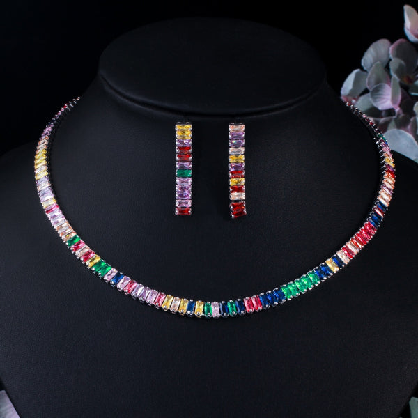 Zircons Multicolor Rainbow Rectangle Cubic Zirconia Earring Necklace Sets