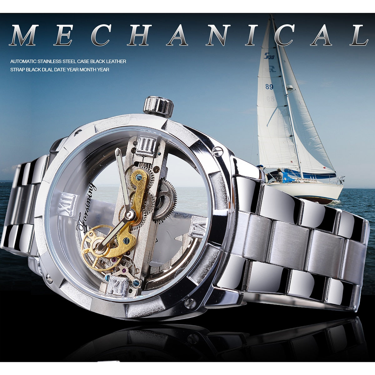 Mechanical Watch Automatic Silver Square Golden Gear Skeleton Watch