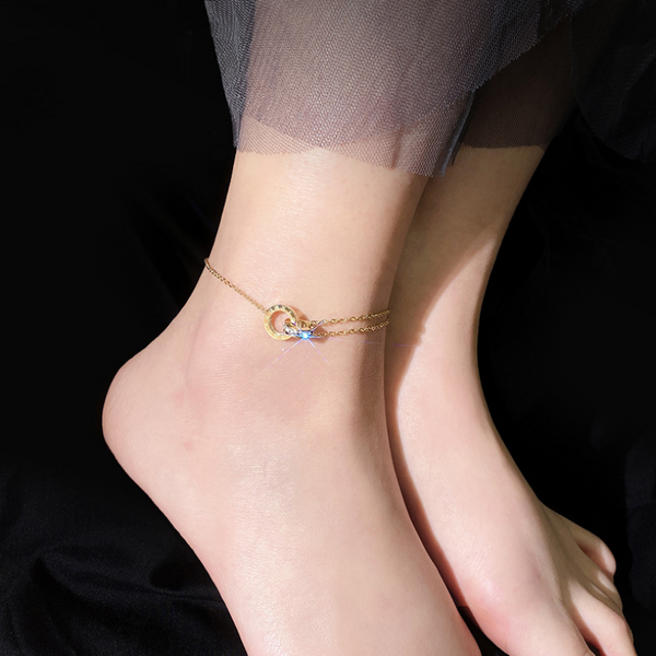 Embedded Zircon Round Roman Numerals Ankle Ornaments Charm Chain Anklet For Women