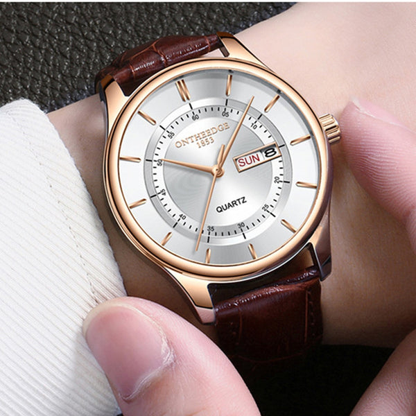 Rose Gold Dial Watch Men Leather Waterproof 30M Watches