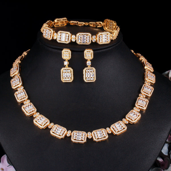 Zircons 3pcs Shiny Luxury Baguette CZ Bridal Wedding Jewelry Sets