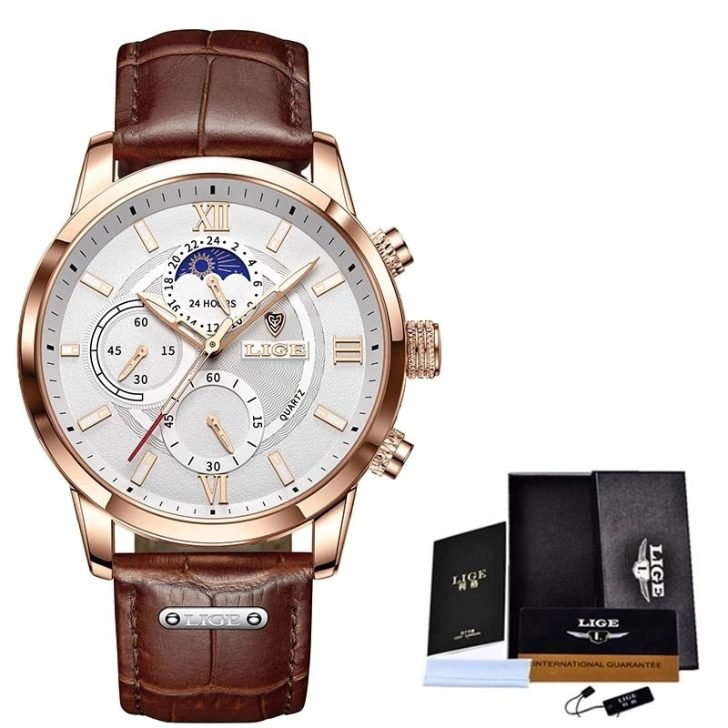 24Hour Moon Phase Men Watch Sport Waterproof Quartz Chronograph+Box