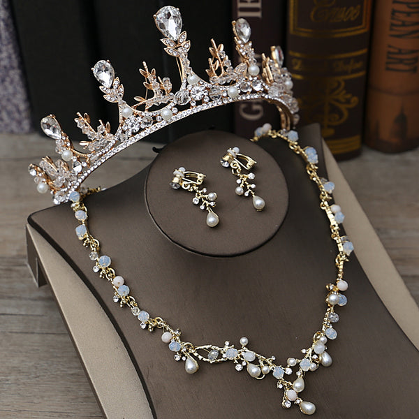 Korean Gold Earrings Necklaces tiara jewelry set