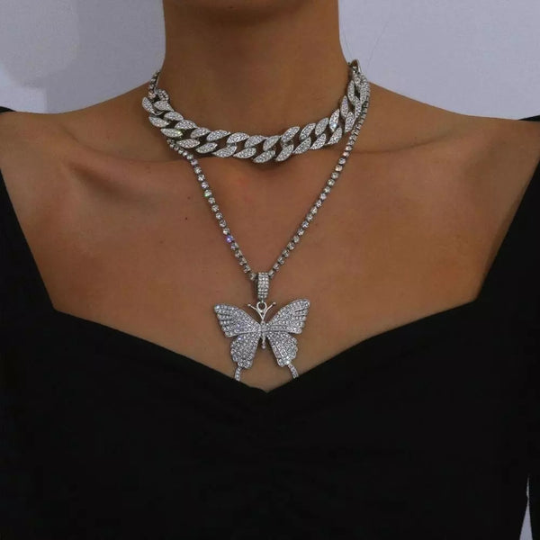 Punk Cuban Double Layer Big Butterfly Pendant Necklace