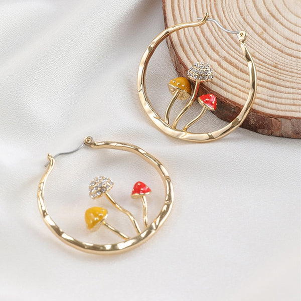 Women Cute Three Mushroom Hoops Gold Color Sweet Earrings