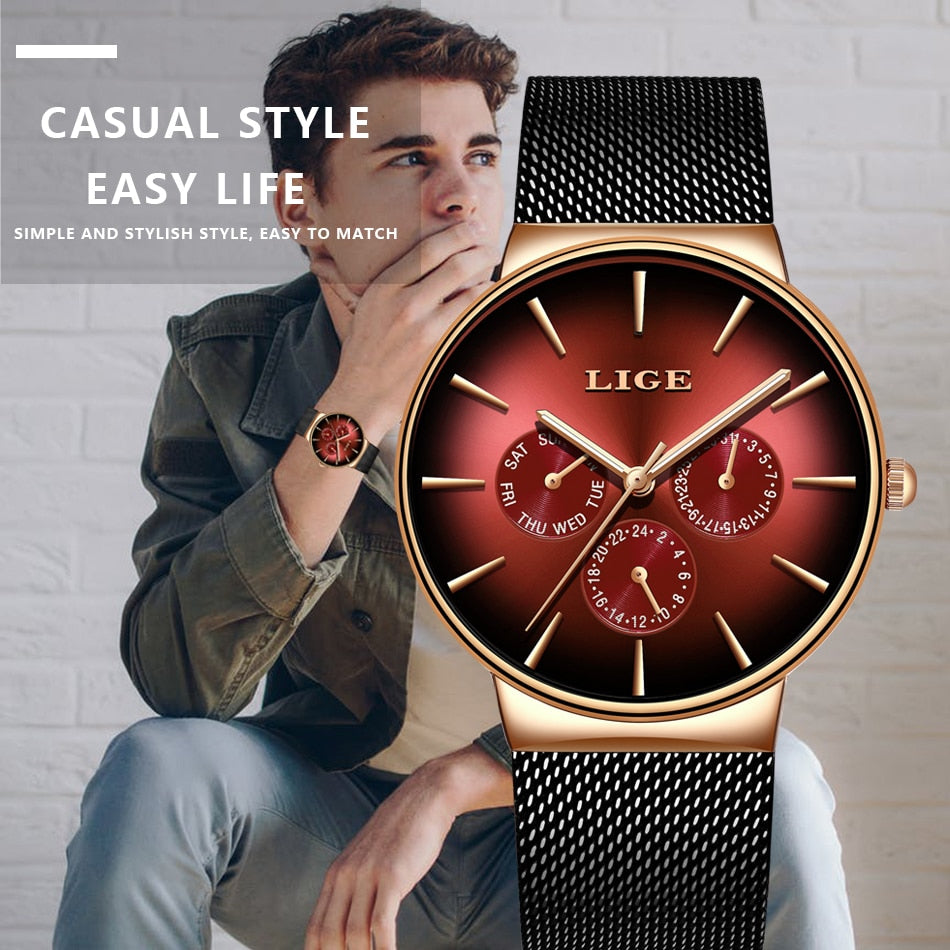 Luxury Quartz Watch Men Mesh Steel  Waterproof Ultra-thin Wristwatch