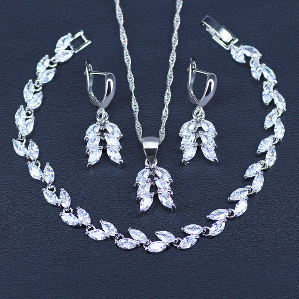 White Crystal Bridal Silver Color Jewelry Sets Women