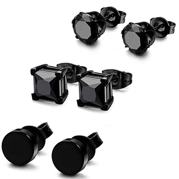 3 Pairs Stainless Steel Black Stud Earrings