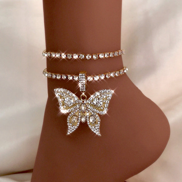 Iced Out Crystal Rhinestones Butterfly Pendants Anklet Chain For Women