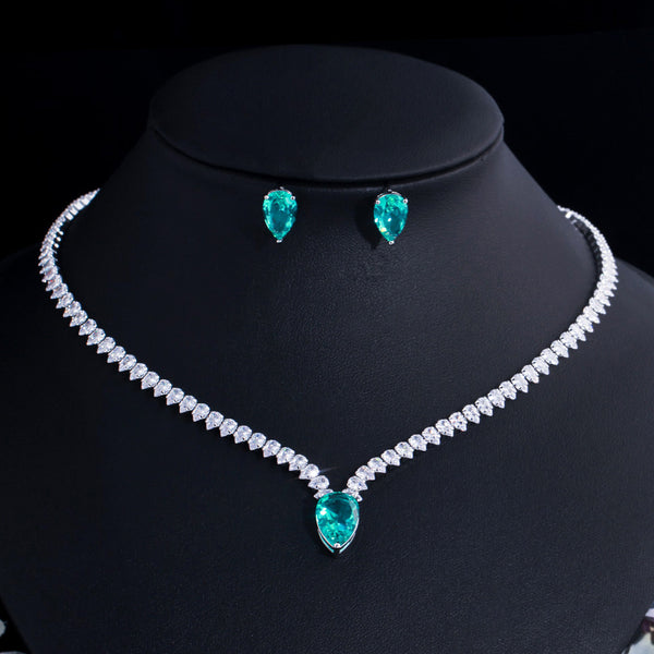 Zircons Elegant Big Light Green Water Drop CZ Crystal  Jewelry Sets