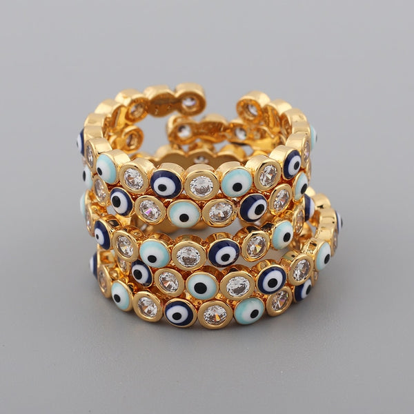 Bohemian Rainbow Evil Eye Rhinestone Filled Gold Rings