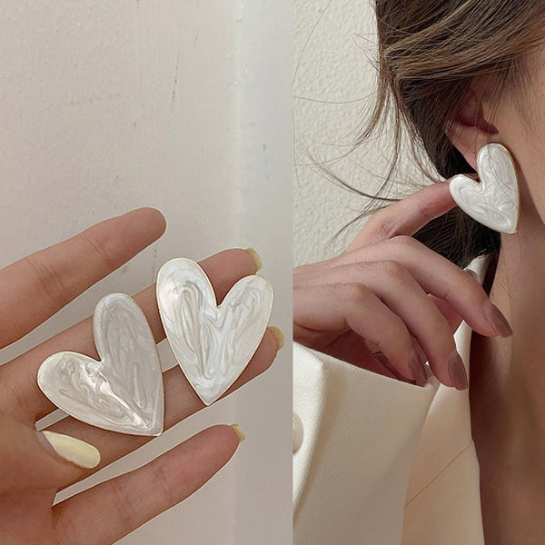 White Color Big Heart Stud Earrings for Women