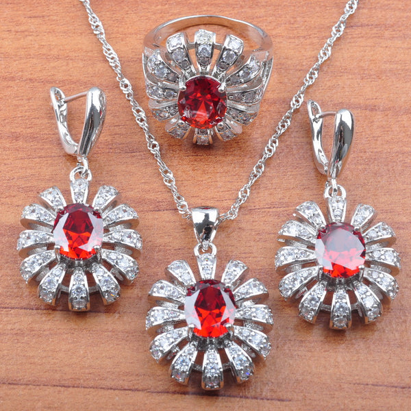 Shining Red Cubic Zirconia Silver Color Jewelry Set