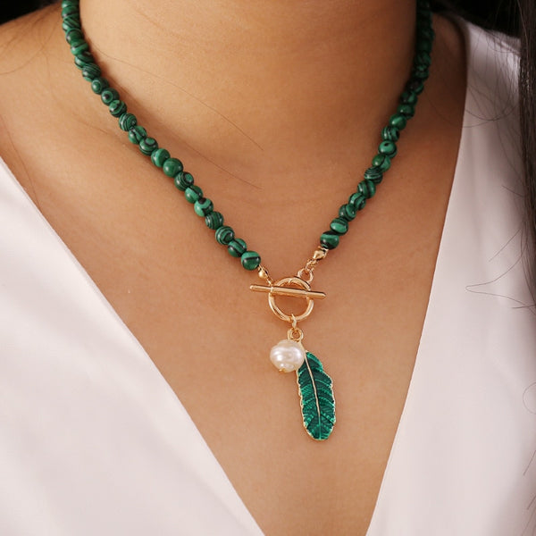 Malachite Alloy Leaves Pearl Drop Oil Women Necklace