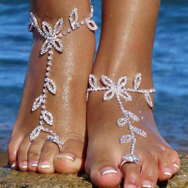 Summer 2Pcs Set Rhinestone Leaf Finger Anklet for Women