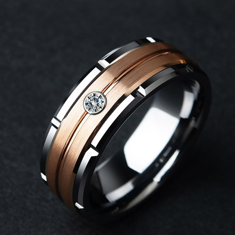 Rose Gold Brushed Inlay AAA Zircon Ring