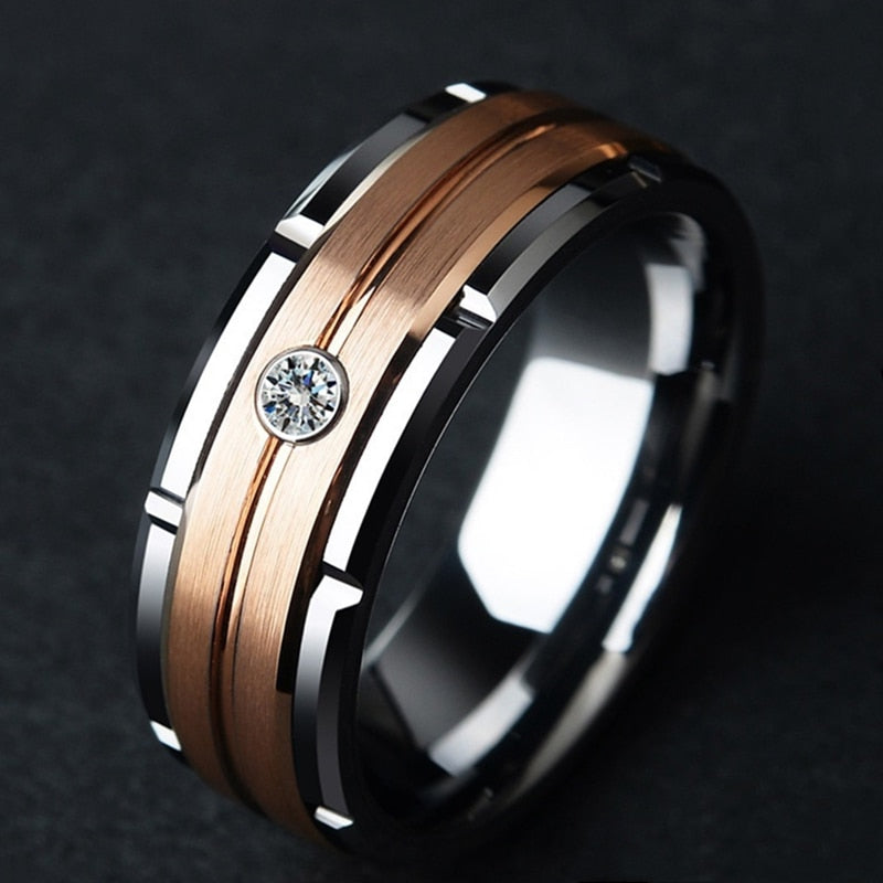 Rose Gold Brushed Inlay AAA Zircon Ring