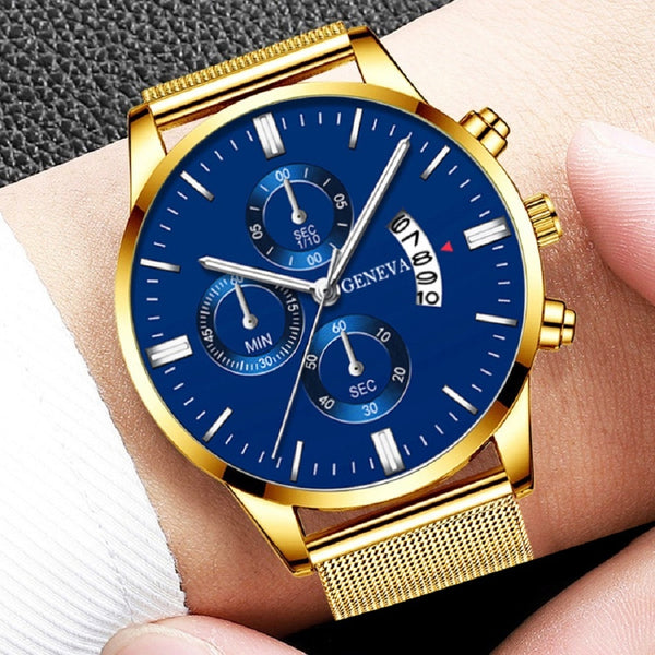 Classic Blue Stainless Steel Mesh Belt Quartz Wristwatch