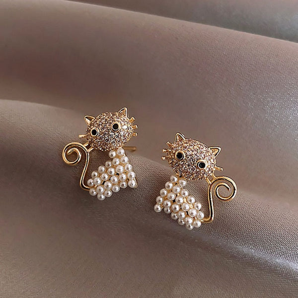 Cute Animal Stud Earrings For Women Cat Simulated Pearl Earring