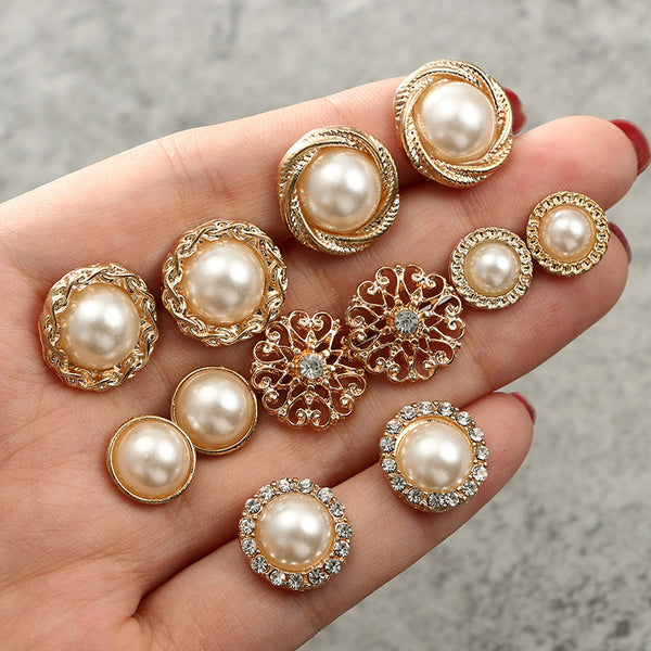 Vintage Rhinestone Geometric Flower Hollow Out Stud Earrings Set