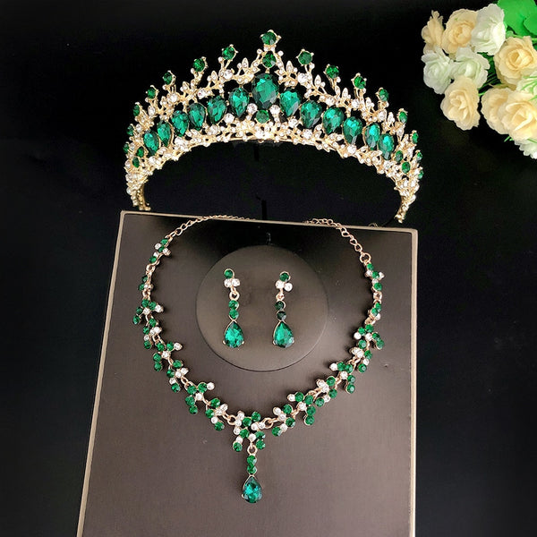 Baroque Gold Green Crystal Bridal Jewelry Sets