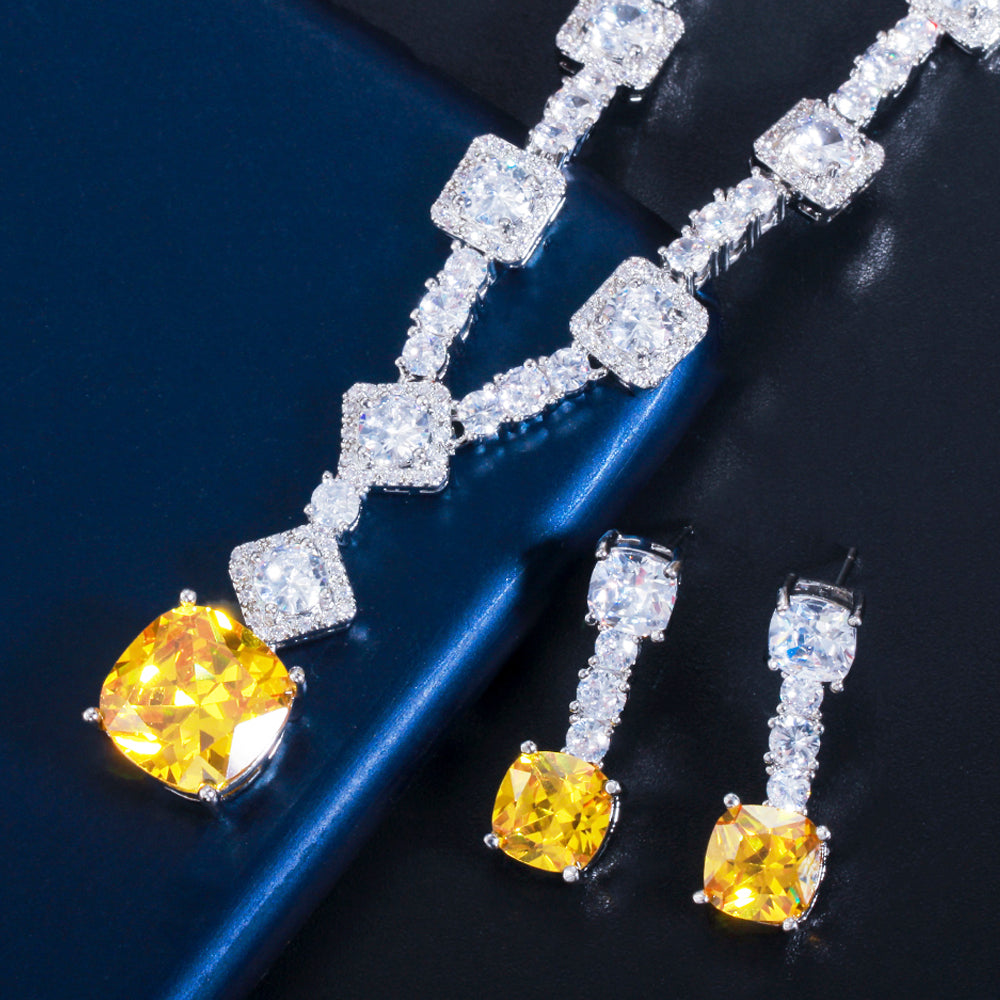 Elegant Yellow CZ Crystal Silver Color Big Square Drop Jewelry Sets ...