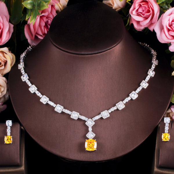 Elegant Yellow CZ Crystal Silver Color Big Square Drop  Jewelry Sets