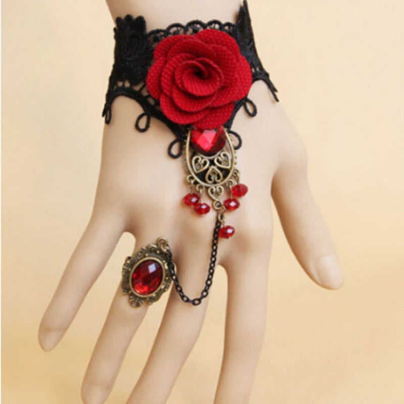 Retro Gothic Women Bracelet Lace Flower Hand Slave Chain