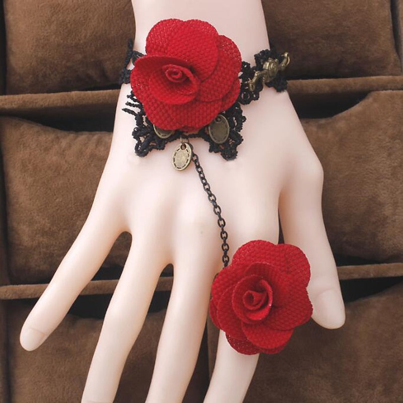 Retro Gothic Women Bracelet Lace Flower Hand Slave Chain