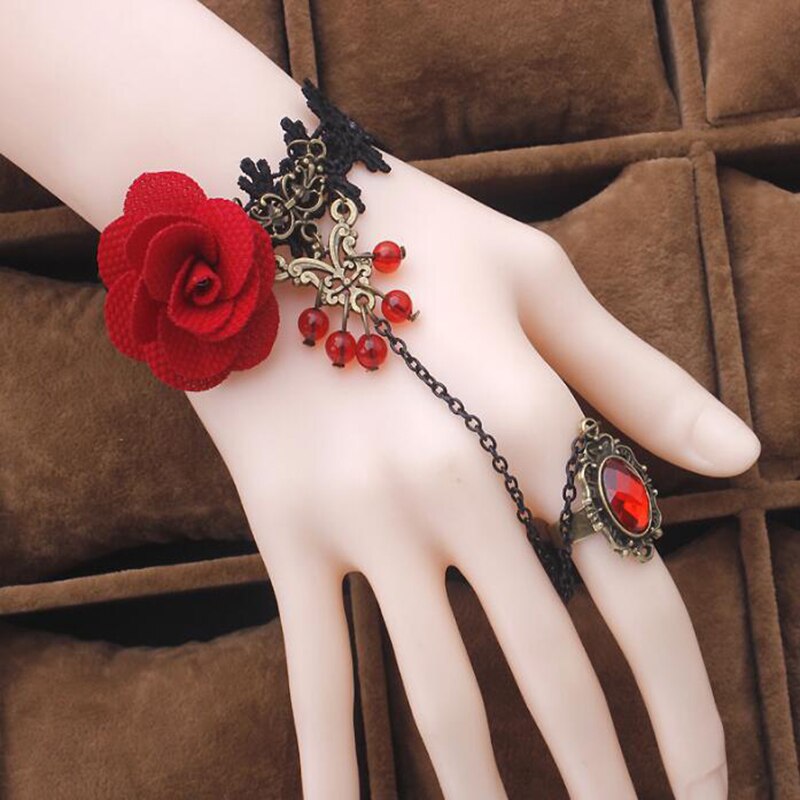 Retro Gothic Women Bracelet Lace Flower Hand Slave Chain