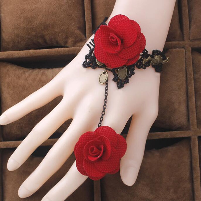 Retro Gothic Women Bracelet Lace Flower Hand Slave Chain