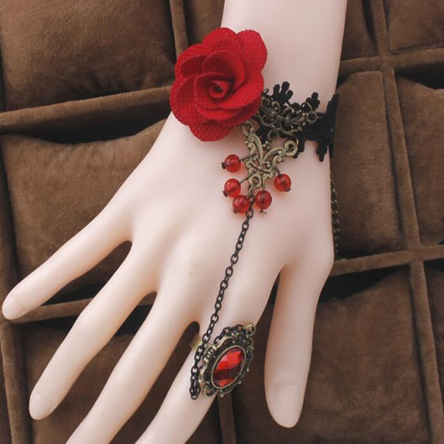 Retro Gothic Women Bracelet Lace Flower Hand Slave Chain