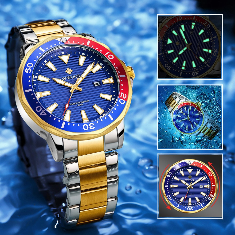 Gold Watch Mens Sports Diver Quartz 30ATM Waterproof Luminous Date Wristwatches